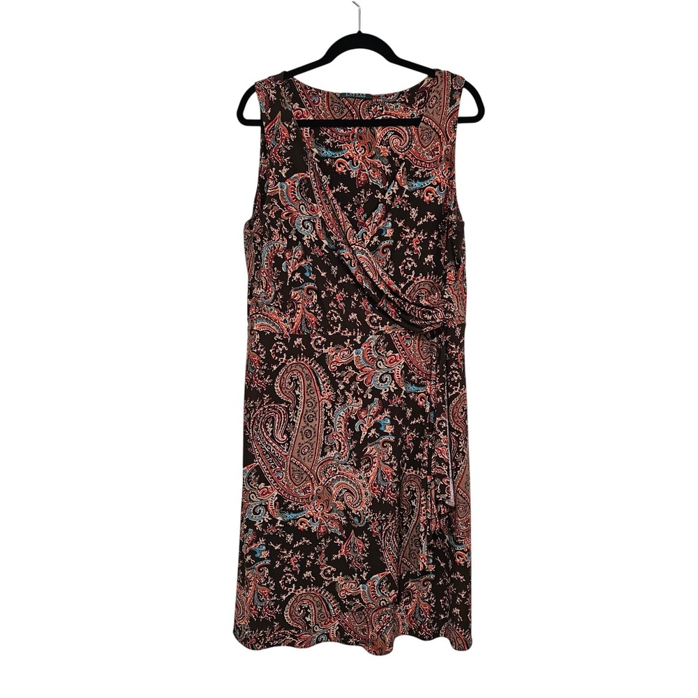 Lauren Ralph Lauren Paisley Faux Wrap Dress XL Brown Sleeveless Ruched Old Money
